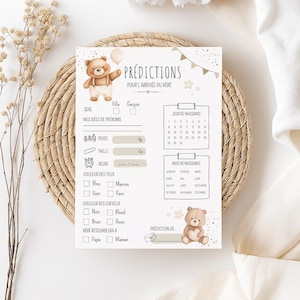 Jeu prédiction sur l'arrivée du bébé Ourson Beige Doux, PDF à imprimer, baby shower Ourson
