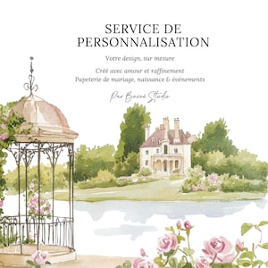 Peut inclure: Une illustration aquarelle d'une maison blanche avec un toit noir et un kiosque avec un étang devant. La maison a un grand porche avec des colonnes et un balcon. Le kiosque est entouré d'arbres et de fleurs. Le texte "SERVICE DE PERSONNALISATION" est écrit en noir en haut de l'image. Le texte "Votre design, sur mesure" est écrit en noir sous la première ligne de texte. Le texte "Créé avec amour et raffinement" est écrit en noir sous la deuxième ligne de texte. Le texte "Papeterie de mariage, naissance & événements" est écrit en noir sous la troisième ligne de texte. Le texte "Par Bovoé Studio" est écrit en noir sous la quatrième ligne de texte.
