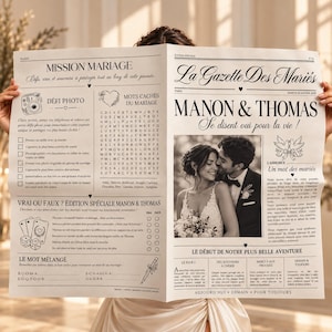 Peut inclure: Un journal de mariage personnalisé intitulé La Gazette Des Mariés avec les prénoms Manon & Thomas. La mise en page comprend une photo de couple, un jeu de mots cachés, un défi photo, un vrai ou faux et des textes sur fond blanc.