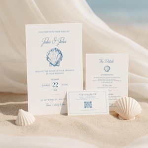 Faire-part Mariage Coquillage Bleu à Personnaliser, Invitation Canva Élégante Thème Mer, Papeterie Digitale Bohème