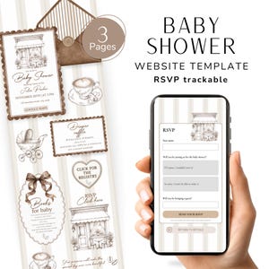 Peut inclure: Un modèle de site web pour baby shower comprenant une mise en page de 3 pages avec des rayures marron et blanches, des illustrations de café et un suivi des RSVP. Le design inclut du texte pour une tombola, des livres et un lien de registre.