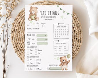 Cartão de previsão de nascimento de bebê com urso misto para impressão, jogo francês de previsão de nascimento, chá de bebê e revelação do sexo do bebê em PDF