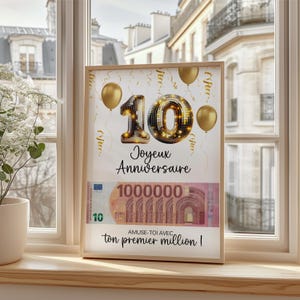 Affiche 10 ans anniversaire, Ton premier million, Cadeau surprise pour billets à offrir - PDF à imprimer
