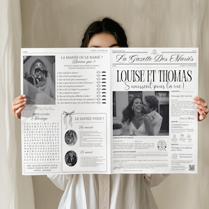 Puede incluir: Un anuncio de boda en blanco y negro con diseño de periódico. El titular dice "Louise et Thomas S'unissent pour la vie!" con fotos de la pareja. Incluye trivia de boda y un juego de búsqueda de palabras.