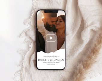 Modèle d'invitation vidéo de mariage, invitation animée avec RSVP, ajoutez vos propres photo et musique, Template Canva