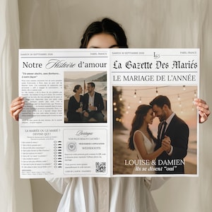 May include: A newspaper-style wedding announcement with the headline "Our Love Story" and "The Wedding of the Year." Features photos of the couple and the text "Louise & Damien, they say 'yes'." The date is Saturday, September 30, 2006.
