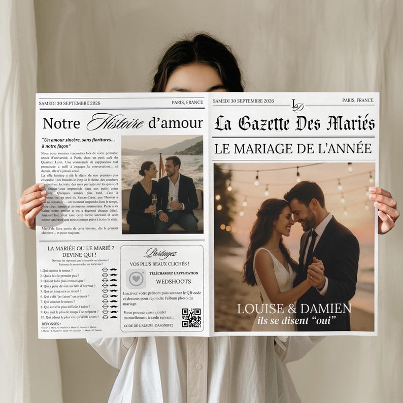 May include: A newspaper-style wedding announcement with the headline "Our Love Story" and "The Wedding of the Year." Features photos of the couple and the text "Louise & Damien, they say 'yes'." The date is Saturday, September 30, 2006.
