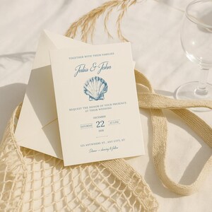 Faire-part Mariage Coquillage Bleu à Personnaliser, Invitation Canva Élégante Thème Mer, Papeterie Digitale Bohème