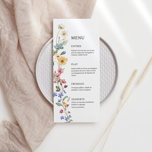 Menú de boda con flores silvestres, tarjeta de menú campestre personalizable, plantilla imprimible de Canva