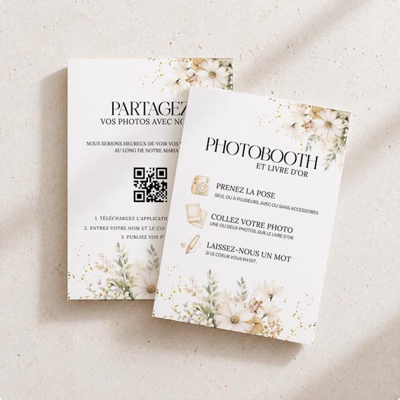 Cartes Mariage Photobooth + QR Code,  Téléchargement Canva à personnaliser, Partage photos invités, Décoration coin photo