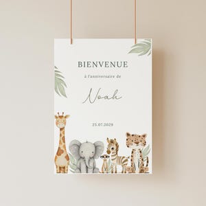 Cartello di benvenuto per compleanno, safari, giungla, animali selvatici, poster per bambini di 1 anno, stampabile, personalizzabile, decorazione su Canva