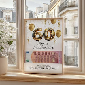 Printable birthday poster, Original 60th birthday humor gift, First million fake banknote PDF digital