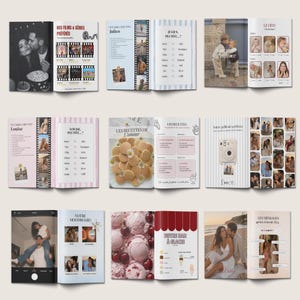 Peut inclure: Plusieurs livres ouverts avec des mises en page vari&eacute;es. Certaines pages pr&eacute;sentent des photos, du texte et des graphiques. Une double page montre des glaces et des cerises, une autre une photo de couple.