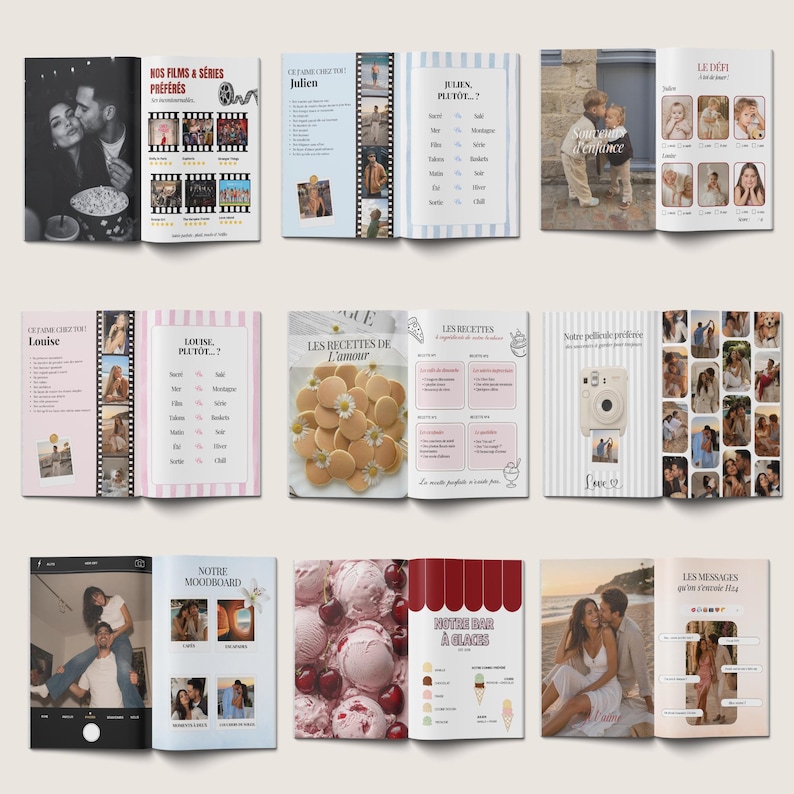 Peut inclure: Plusieurs livres ouverts avec des mises en page vari&eacute;es. Certaines pages pr&eacute;sentent des photos, du texte et des graphiques. Une double page montre des glaces et des cerises, une autre une photo de couple.