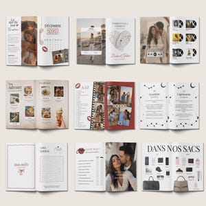 Peut inclure: Un album photo de plusieurs pages avec diff&eacute;rentes mises en page. L'album pr&eacute;sente des photos, du texte et des graphiques. Certaines pages incluent du texte comme "D&Eacute;CEMBRE 2028", "COMMENT TOUT A COMMENCE" et "DANS NOS SACS". L'album a un th&egrave;me romantique.