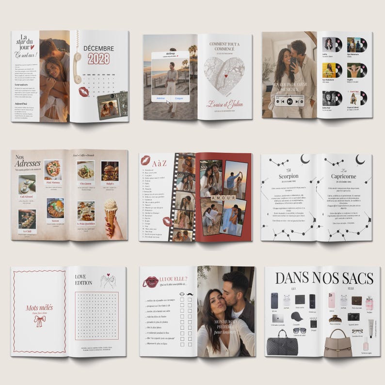 Peut inclure: Un album photo de plusieurs pages avec diff&eacute;rentes mises en page. L'album pr&eacute;sente des photos, du texte et des graphiques. Certaines pages incluent du texte comme "D&Eacute;CEMBRE 2028", "COMMENT TOUT A COMMENCE" et "DANS NOS SACS". L'album a un th&egrave;me romantique.