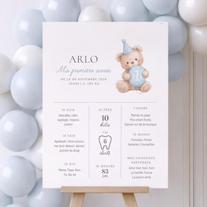 May include: A white rectangular milestone board featuring a watercolor teddy bear wearing a blue party hat and holding a blue balloon with the number 1. The text includes the name Arlo, birth details, and developmental milestones in French.