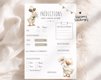Previsões sobre o sexo do bebê em francês - Previsões com patinhos - Previsões de nascimento para imprimir - Jogo para chá de bebê e revelação de gênero (PDF)
