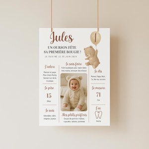 Poster di orsacchiotto di 1 anno con foto, poster di compleanno per bambini da stampare, modello Canva