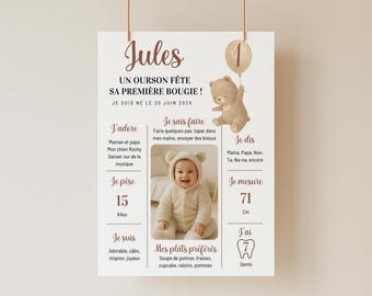 Póster de osito de peluche de 1 año con foto. Póster de cumpleaños de bebé para imprimir. Plantilla de Canva.