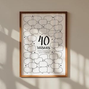 Op de afbeelding: Een ingelijste print met een witte achtergrond met talrijke tekstballonnen en de tekst "40 raisons POUR LESQUELLES NOUS T'AIMONS" in het zwart. De lijst is van hout.