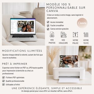 Peut inclure: Un ordinateur portable affiche une couverture de magazine avec le mot &laquo; COUPLE &raquo;. Une imprimante avec un magazine dessus est &agrave; c&ocirc;t&eacute; d'un vase avec des plantes s&eacute;ch&eacute;es. Le texte sur l'image dit &laquo; MOD&Egrave;LE 100% PERSONNALISABLE SUR CANVA &raquo;.