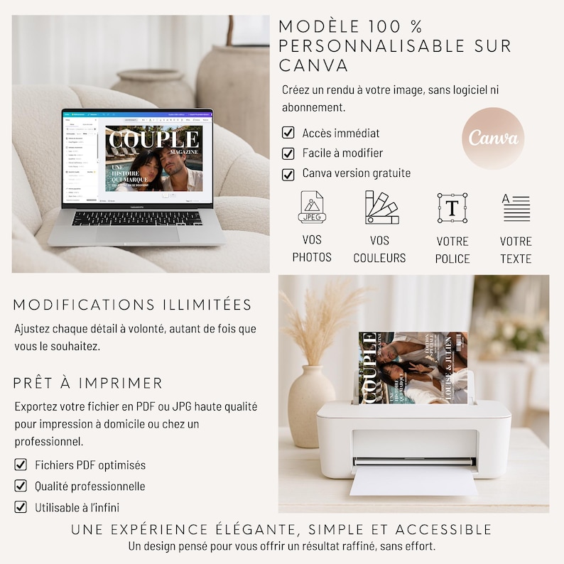 Peut inclure: Un ordinateur portable affiche une couverture de magazine avec le mot &laquo; COUPLE &raquo;. Une imprimante avec un magazine dessus est &agrave; c&ocirc;t&eacute; d'un vase avec des plantes s&eacute;ch&eacute;es. Le texte sur l'image dit &laquo; MOD&Egrave;LE 100% PERSONNALISABLE SUR CANVA &raquo;.