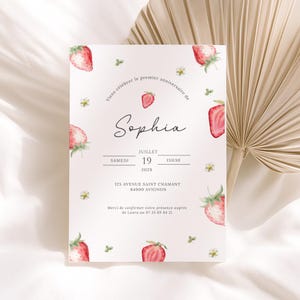 Invitation 1er Anniversaire Fraise Carte Berry First Birthday Fille Modèle à personnaliser Canva PDF imprimable
