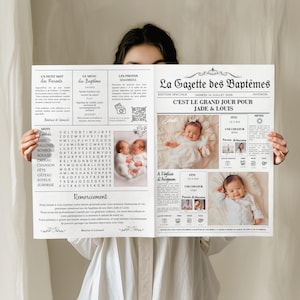 Bollettino del battesimo per 2 bambini · Modello Canva personalizzabile · Formati A5, A4 e A3 · Ideale per gemelli, fratello e sorella, femmina e maschio