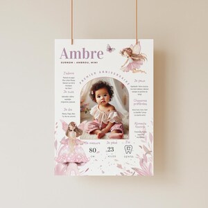 Affiche anniversaire petite fée personnalisée modèle Canva A4-A3 à imprimer, thème féérique fille 1 an avec photo