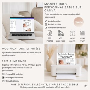 May include: A digital template for a baptism announcement newspaper titled La Gazette des Bapt&ecirc;mes, displayed on a laptop screen and a printer. The design features photos of infants, customizable text, and icons for Canva editing features.