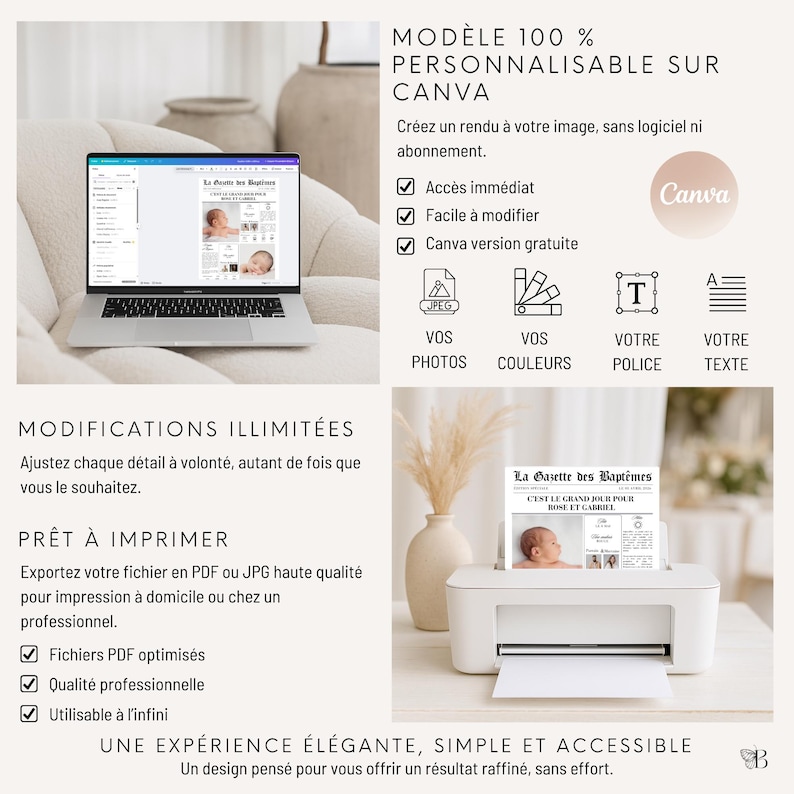 May include: A digital template for a baptism announcement newspaper titled La Gazette des Bapt&ecirc;mes, displayed on a laptop screen and a printer. The design features photos of infants, customizable text, and icons for Canva editing features.