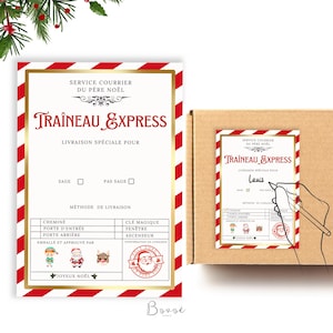 May include: A printable Santa Claus delivery label with red and white stripes, gold trim, and a Santa Claus stamp. The label says "Service Courier du Pere Noel Traineaux Express Livraison Speciale Pour" and has a space to write a name. The label also has a section for "Methode de Livraison" with options for "Chemine Porte d'entree Porte arriere" and "Cle Magique Fenetre Ascenceur".