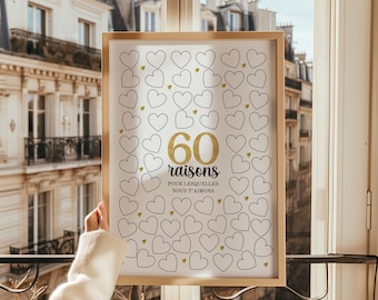 Póster del 60.º cumpleaños: 60 razones por las que te amamos: decoración de fiesta imprimible