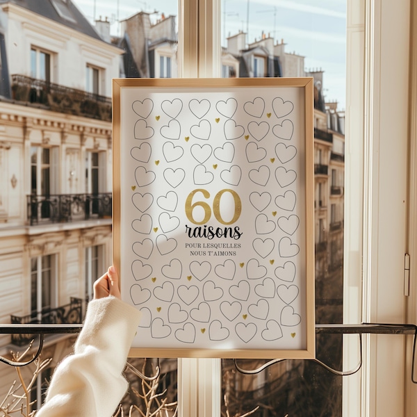 Póster de 60 cumpleaños - 60 razones por las que te amamos - Decoración imprimible para fiestas