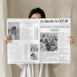 Gazette EVJF personnalisable, Journal enterrement de vie de jeune fille avec jeux, défis et programme, Modèle Canva à imprimer