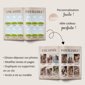 Peut inclure: Un d&eacute;pliant &agrave; deux pages avec les mots "UNE ANN&Eacute;E INOUBLIABLE!" et un logo Canva. La page de gauche contient des espaces r&eacute;serv&eacute;s aux photos pour chaque mois. La page de droite montre des photos dans les espaces r&eacute;serv&eacute;s. Le texte comprend "Personnalisation facile!" et "Id&eacute;e cadeau parfaite!"