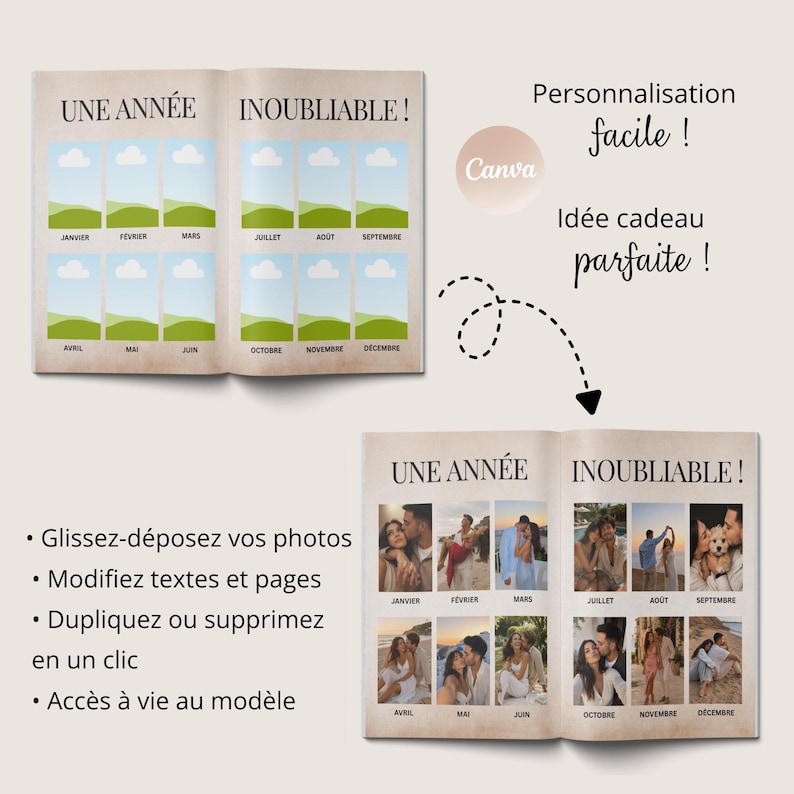 Peut inclure: Un d&eacute;pliant &agrave; deux pages avec les mots "UNE ANN&Eacute;E INOUBLIABLE!" et un logo Canva. La page de gauche contient des espaces r&eacute;serv&eacute;s aux photos pour chaque mois. La page de droite montre des photos dans les espaces r&eacute;serv&eacute;s. Le texte comprend "Personnalisation facile!" et "Id&eacute;e cadeau parfaite!"