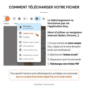 May include: An instructional graphic titled COMMENT T&Eacute;L&Eacute;CHARGER VOTRE FICHIER showing a screenshot of an Etsy account menu. It explains that downloads do not work via the app and provides four numbered steps to download a PDF file from a web browser.