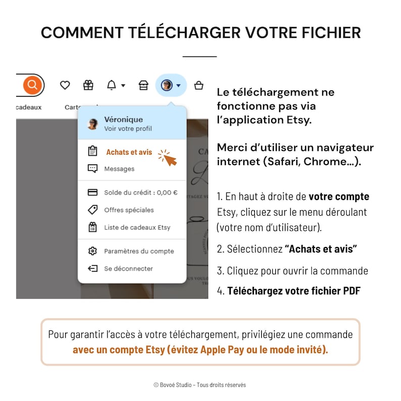 May include: An instructional graphic titled COMMENT T&Eacute;L&Eacute;CHARGER VOTRE FICHIER showing a screenshot of an Etsy account menu. It explains that downloads do not work via the app and provides four numbered steps to download a PDF file from a web browser.