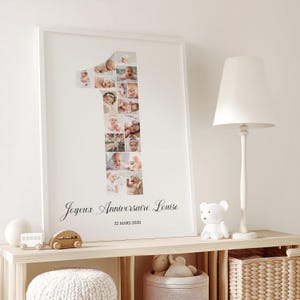 Affiche collage photo anniversaire 1 an, Chiffre 1 personnalisable, Ma première année, Souvenir à imprimer avec Canva
