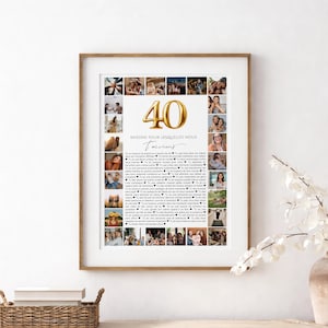 Peut inclure: Une affiche photo encadrée avec le nombre 40 en doré, le texte RAISONS POUR LESQUELLES NOUS T'aimons, une liste de raisons en français, et de nombreuses petites photographies carrées montrant des personnes dans divers contextes.