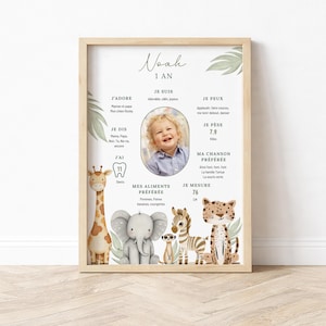 Modèle affiche anniversaire Jungle personnalisée Poster 1 an thème safari à imprimer modèle Canva photo bébé