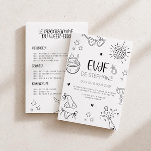 Peut inclure: Deux cartes blanches avec du texte manuscrit noir et des illustrations. L'une des cartes liste un programme de week-end, l'autre dit "EVJF DE STEPHANIE" avec une date et un lieu. Les cartes présentent des dessins de lunettes de soleil, d'une boule disco et d'un cocktail.