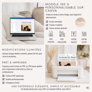 May include: A laptop and printer display a wedding-themed design. The laptop screen shows a layout with a photo and text, while the printer outputs a printed copy. The image includes the text "La Gazette Des Mari&eacute;s LE MARIAGE DE L'ANNEE".