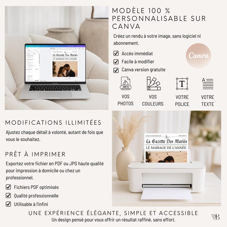 May include: A laptop and printer display a wedding-themed design. The laptop screen shows a layout with a photo and text, while the printer outputs a printed copy. The image includes the text "La Gazette Des Mari&eacute;s LE MARIAGE DE L'ANNEE".