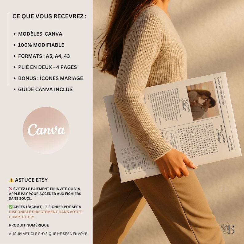 May include: A beige-toned Canva template for a wedding, held by a person. The template includes text and a photo of a couple. The Canva logo is visible, along with text in French. The template is designed for A5, A4, and A3 formats.