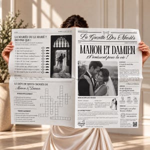 Peut inclure: Un programme de mariage style journal en noir et blanc intitulé La Gazette Des Mariés avec les noms Manon et Damien. La mise en page comprend des mots croisés, un jeu de questions, une grande photographie de couple et divers textes.