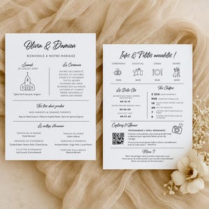 Programme de mariage Carte déroulement journée Animation mariage Défi photo mariage Jeux et déco mariage Modèle Canva personnalisable