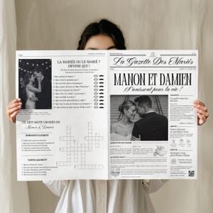 Peut inclure: Une annonce de mariage de style journal, avec le titre "La Gazette Des Mariés" et les noms "Manon et Damien". L'annonce comprend des photos du couple, des mots croisés et du texte en français. Le thème général est un mariage.
